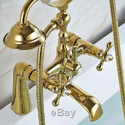 2 Handles Gold Bathroom Deck Mount Basin Tub Taps Hand Held Shower Mixer Faucet