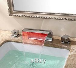 3 Holes LED Bathroom 2 Handles Waterfall Basin Sink Bathtub Mixer Faucet Tap Set