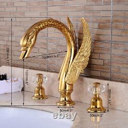 3PCS Golden Brass Swan Bathtub Crystal 2 Swan Handles Faucet Bath Tub Mixer Taps
