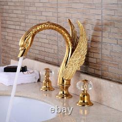 3PCS Golden Brass Swan Bathtub Crystal Dual Swan Handles Faucet Tub Mixer Tap