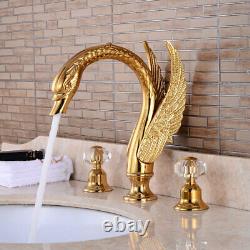 3PCS Golden Brass Swan Bathtub Crystal Dual Swan Handles Faucet Tub Mixer Tap