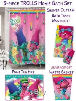 5pc TROLLS Rainbow BATHROOM SET Shower Curtain+Foam Tub Mat+Bath Towel+Washcloth