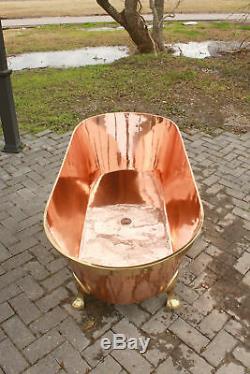 66 Large Freestanding Natural Copper Clawfoot Bathtub, Brass Accents
