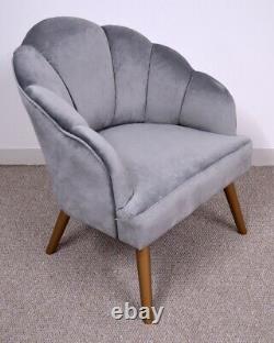 Accent Tub Velvet Chair Scallop Back Occasional Wooden Legs Retro Grey