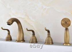 Antique Brass Bath 5-holes Roman Tub Faucet Mixer Tap With Hand Spray Shower