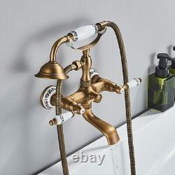 Antique Brass Bathroom Tub Faucet Dual Ceramics Handles Wall Mounted Mixer Tap