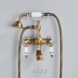 Antique Brass Bathroom Tub Faucet Dual Ceramics Handles Wall Mounted Mixer Tap