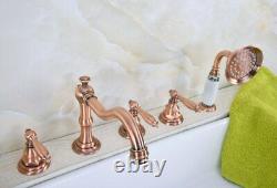 Antique Copper Deck-Mount Bath Tub Faucet Hand Held Spray Shower Mixer Tap tf229