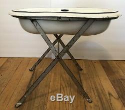 Antique French Enamelware Porcelain Baby Bath Tub with Stand and Lid