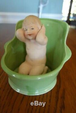 Antique German Gebruder Heubach Bisque Baby Doll Girl Porcelain Bath Tub Rare
