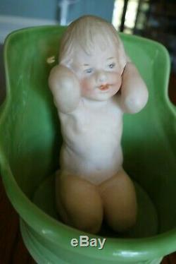 Antique German Gebruder Heubach Bisque Baby Doll Girl Porcelain Bath Tub Rare