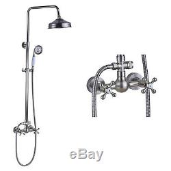 Bathroom Brushed Nickel Shower Faucet Bathtub Mixer Dual Handles Wall Mounted
