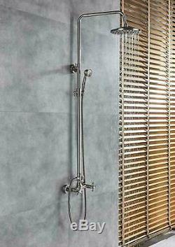 Bathtub Shower Faucet Set Wall Mount Shower Rod Kit Brushed Nickel Rain Head Tap