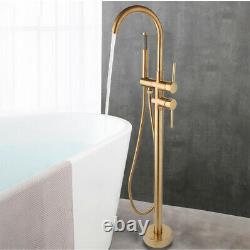 Brushed Gold Bathroom Bath Tub Floor Mounted Brass Handheld Shower Faucet Set