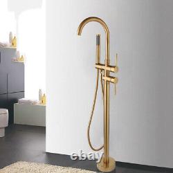 Brushed Gold Bathroom Bath Tub Floor Mounted Brass Handheld Shower Faucet Set