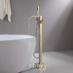 Brushed Gold Freestanding Bath Tub Faucet Floor Mount Tub Spout with Hand Shower