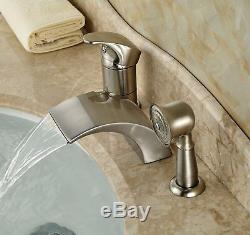 Brushed Nickel 3pcs Waterfall Bathtub Filler Single Handle Faucet WithHand Sprayer