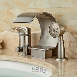 Brushed Nickel 3pcs Waterfall Bathtub Filler Single Handle Faucet WithHand Sprayer