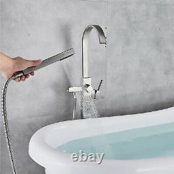 Brushed Nickel Floor Mounted Bathtub Faucet Free Standing Tub Filler WithHandheld1