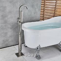 Brushed Nickel Floor Mounted Bathtub Faucet Free Standing Tub Filler WithHandheld1
