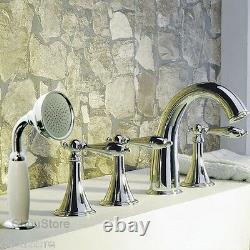 Chrome Deck Mounted Bathroom Bathtub Faucet Tub Mixer Tap 5PCS Hand Shower Set