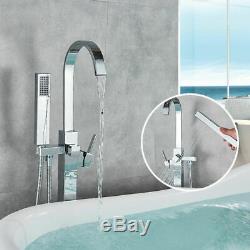 Chrome Floor Mount Free Standing Bathtub Faucet Shower Set Tub Filler Mixer Tap