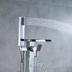 Chrome Waterfall Floor Mount Bathtub Faucet Free Standing Tub Filler Mixer Tap