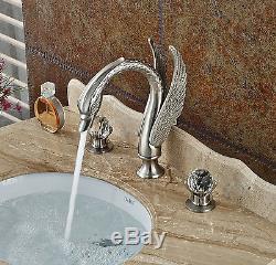 Crystal Knobs Swan Spout Bath Basin Faucet 3pcs Tub Filler Faucet Brushed Nickel
