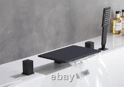 Deck Mount 12in Wide Waterfall Bathtub Faucet withShower Sprayer Black, Tub Filler