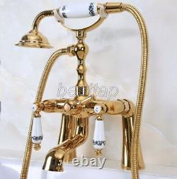 Deck Mount Claw-foot Bathtub Faucet Tub Filler Handheld Shower Gold Brass sna143