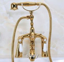 Deck Mounted Gold Color Brass Clawfoot Tub Mixer Tap Faucet Hand Shower ena133