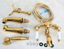 Deck Mounted Gold Color Brass Clawfoot Tub Mixer Tap Faucet Hand Shower ena133