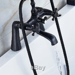 Deck Mounted Oil Rubbed Bathtub Faucet Dual Handles Mixer Tap with Hand Shower