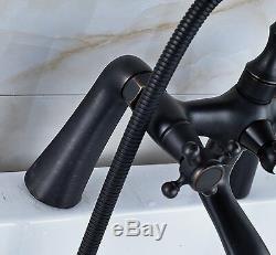 Deck Mounted Oil Rubbed Bathtub Faucet Dual Handles Mixer Tap with Hand Shower