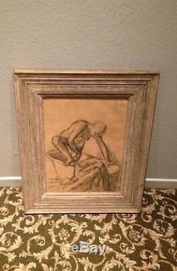 EDGAR DEGAS Signed Red Stamped Drawing Nude Woman Bathing in Tub Framed Charcoal