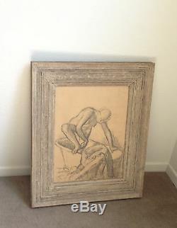 EDGAR DEGAS Signed Red Stamped Drawing Nude Woman Bathing in Tub Framed Charcoal