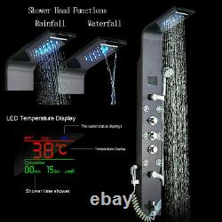 ELLO&ALLO Black Stainless Steel Shower Panel LED Tower Rain Massage System Jets