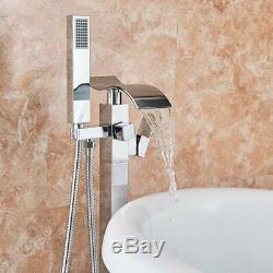 Floor Mounted Bathtub Faucet Waterfall Spout with Hand Shower Chrome Tub Filler