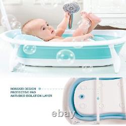 Foldable Baby Bath Tub with Support Cushion Temperature Sensor, Drain Plug