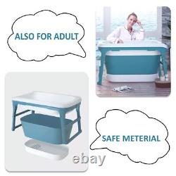 Foldable Baby Deep Bath Tub with Support Cushion Temperature Sensor, (Blue)