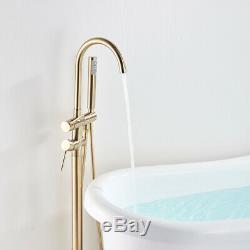 Free Standing Bathtub Tap Faucet Floor Mount Bath Shower System Set Brushed Gold