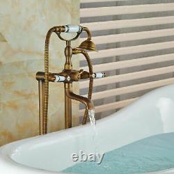 Freestanding Bath Filler Antique Brass Floor Mounted Mixer Tap HandHeld Shower