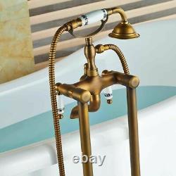 Freestanding Bath Filler Antique Brass Floor Mounted Mixer Tap HandHeld Shower