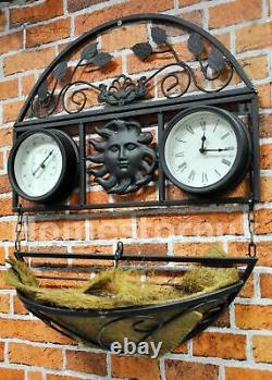 Garden Metal Hanging Plant Basket Wall Mounted Clock & Thermometer Outdoor Gctc