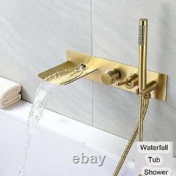 Gold Bathtub Faucet Waterfall Spout Tub Wall Mounted Mixer Hand Sprayer Tub Taps
