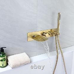 Gold Bathtub Faucet Waterfall Spout Tub Wall Mounted Mixer Hand Sprayer Tub Taps