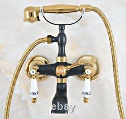 Gold & Black Brass Wall Mount Clawfoot Bath Tub Filler Faucet with Hand Shower