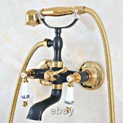 Gold & Black Brass Wall Mount Clawfoot Bath Tub Filler Faucet with Hand Shower