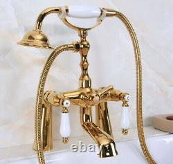 Gold Brass Bath Bathtub Clawfoot Tub Faucet With Hand Shower Deck Mounted ena140