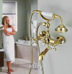 Gold Brass Bathroom Bath Faucet Set Wall Mount Hand Spray Shower Tub Tap 2tf134